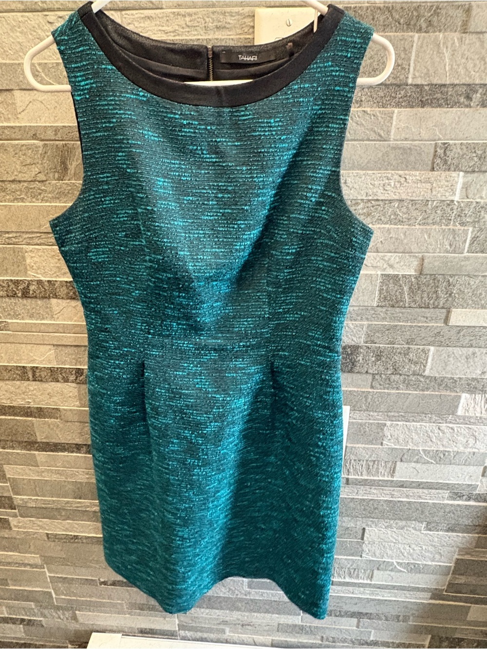 Tahari Teal-Blue Textured Sleeveless Sheath Dress